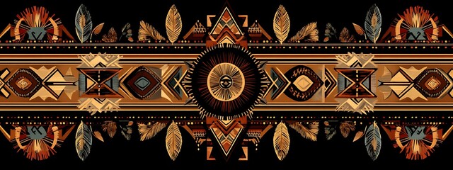 Poster - Intricate ethnic pattern with feathers and geometric shapes.