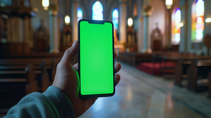 Hand holding smartphone with green screen in a church