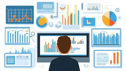 Poster - Data analysis process modern office infographic display digital environment overhead view business insights