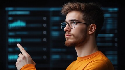 Poster - young man wearing an orange shirt is focused on a digital interface, pointing at various data points. room is dark, emphasizing the glowing screens around him as he analyzes information