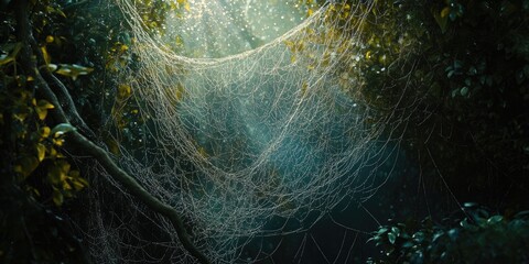 Intricate spider webs weave through a dense forest, showcasing nature s artistry. The spider webs glisten in the light, creating a captivating scene within the vibrant, lush environment.