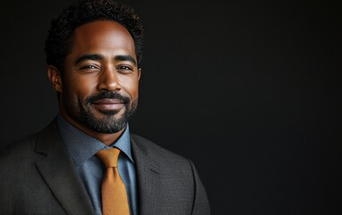 Portrait of a smiling, confident African American businessman in a suit, studio background