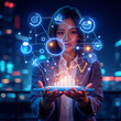 © AIU - デジタルマーケティングホログラムの3Dレンダリング、デジタルマーケティング分野の成長と革新を象徴する、グラフやチャート、近未来ビジネスシーン、3D rendering of a digital marketing hologram,Graphs, charts, and near-future business scenes that symbolize growth and innovati