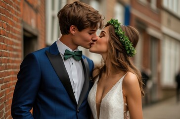 Sticker - A man and woman are kissing in front of a store window