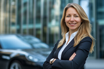 Poster - woman in a business suit stands in front of a car, smiling. Concept of confidence and professionalism, as the woman is dressed in a suit and is posing for a picture