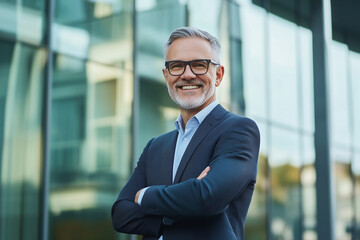 Poster -  man in a suit is smiling and standing in front of a building. Concept of confidence and professionalism
