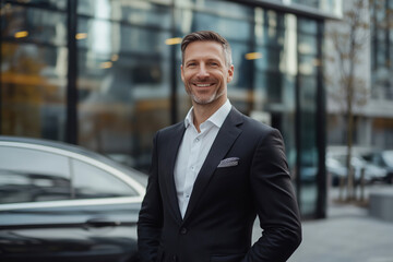 Poster - man in a suit is smiling and standing in front of a building. He is wearing a black jacket and a white shirt
