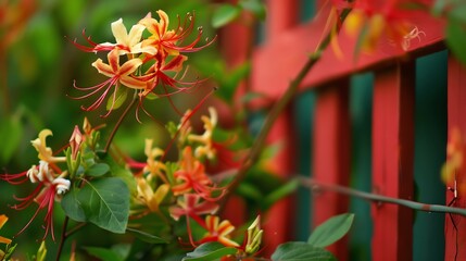 Wall Mural - Vibrant Azalea Blooms Near a Red Fence