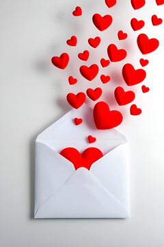 Illustration on a white background: a white envelope from which red hearts are pouring out.