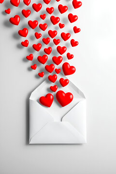 Illustration on a white background: a white envelope from which red hearts are pouring out.