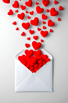 Illustration on a white background: a white envelope from which red hearts are pouring out.