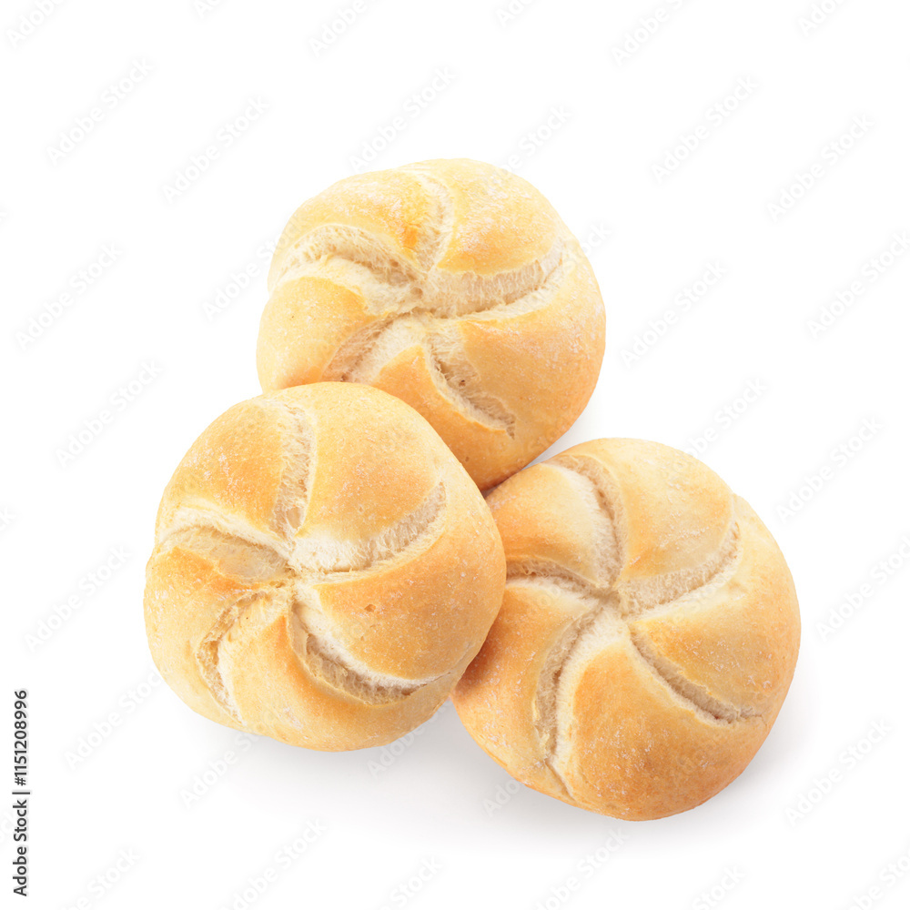 Delicious kaiser rolls on white background