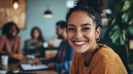 Aufkleber - A cheerful nurse participates in an engaging meeting with her colleagues, sharing ideas and smiles in a brightly lit room. The atmosphere is collaborative and optimistic