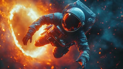 Wall Mural - an astronaut drifting near a glowing wormhole, its edges rippling with vibrant colors of orange and 