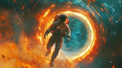 Wall Mural - an astronaut drifting near a glowing wormhole, its edges rippling with vibrant colors of orange and 