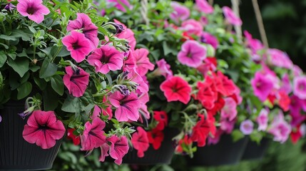 Wall Mural - Vibrant Petunia Hanging Baskets: A Summer Garden Delight