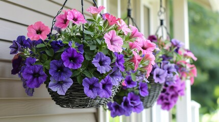 Wall Mural - Vibrant Petunia Hanging Baskets Blooming in Summer