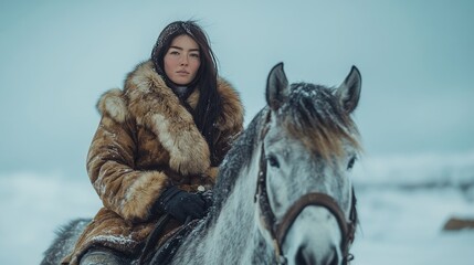 woman in fur coat riding a horse in winter