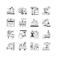 Wall Mural - A collection of simple, black and white icons depicting various stages of an automated manufacturing process