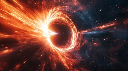 Wall Mural - an astronaut hovering near a black hole, light warping dramatically around the event horizon, vivid 