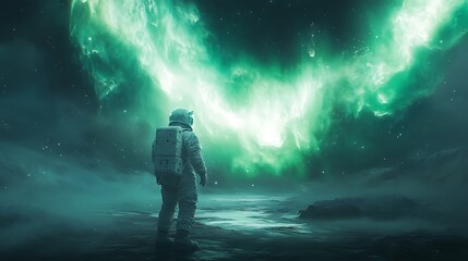 Wall Mural - an astronaut observing massive auroras covering the skies of an alien gas giant, vibrant waves of li