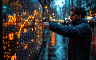 Poster - Businessman pointing at a growth graph line with numbers and a rocket icon