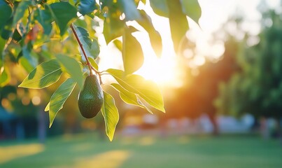 an avocado hanging from a tree branch with sunlight filtering through leaves.