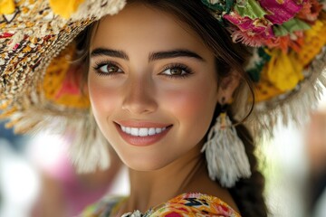 Wall Mural - Colombian woman wearing traditional colorful costume with large floral hat smiling during barranquilla carnival celebration