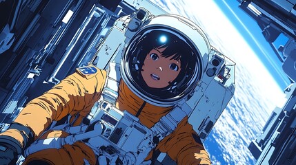 Wall Mural - an astronaut tethered to a space station, glowing sunlight reflecting off the smooth metal surfaces,