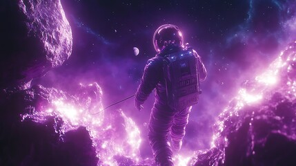 Wall Mural - an astronaut tethered to a spacecraft, floating near massive glowing asteroids, the light from the a