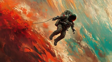 Wall Mural - an astronaut tethered to a spacecraft in slow orbit above a colorful gas giant, vibrant hues of red 