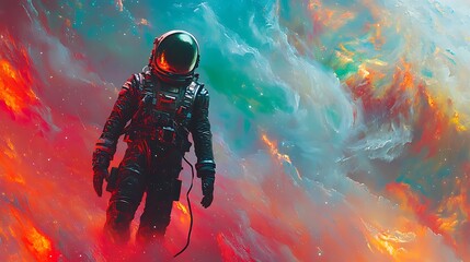 Wall Mural - an astronaut tethered to a spacecraft in slow orbit above a colorful gas giant, vibrant hues of red 