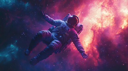 Wall Mural - an astronaut tethered to a spacecraft, reaching out toward a luminous nebula, vivid colors blending 