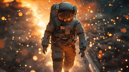 Wall Mural - an astronaut traversing a shimmering stardust bridge, luminous particles floating around, deep space