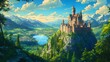 © QITIAN - Majestic castle overlooking a serene valley and mountains under a bright blue sky.