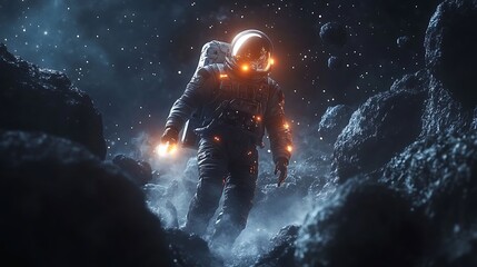 Wall Mural - an astronaut using a jetpack to navigate an asteroid field, glowing edges of the rocks casting an et