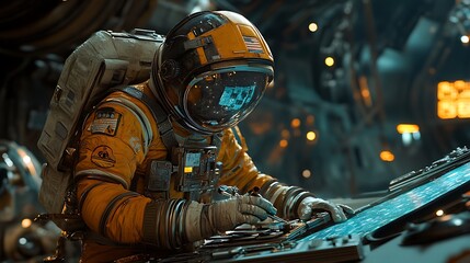 Wall Mural - an astronaut using tools to repair a satellite, stars glowing softly in the background, cinematic li