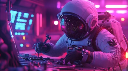 Wall Mural - an astronaut using tools to repair a satellite, stars glowing softly in the background, cinematic li