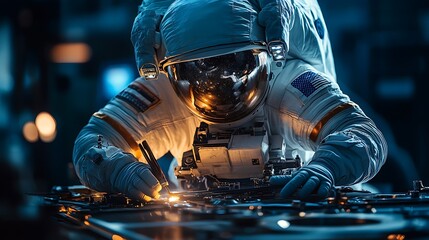 Wall Mural - an astronaut using tools to repair a satellite, stars glowing softly in the background, cinematic li