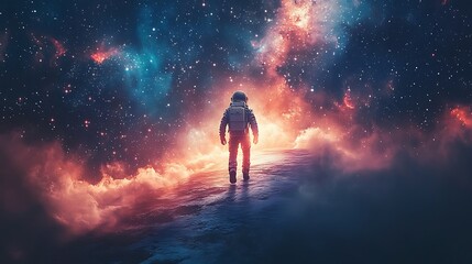Wall Mural - an astronaut walking along a celestial bridge of glowing stardust, soft light casting subtle highlig