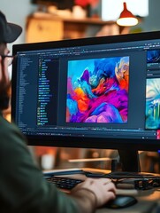 Fototapete - A photo of a graphic designer working on a colorful project on a large monitor.