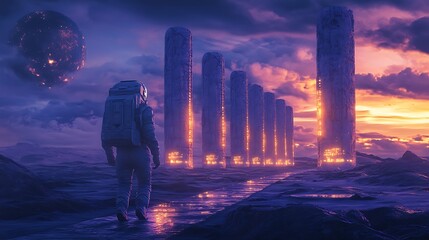 Wall Mural - an astronaut walking along a pathway lined with glowing alien pillars, the twilight sky blending dee