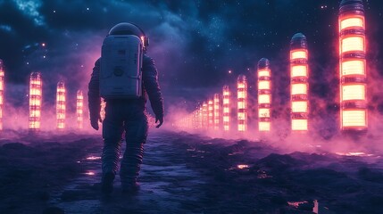 Wall Mural - an astronaut walking along a pathway lined with glowing alien pillars, the twilight sky blending dee