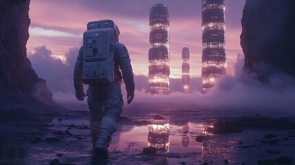 Wall Mural - an astronaut walking between massive glowing alien towers, their reflective surfaces shining against