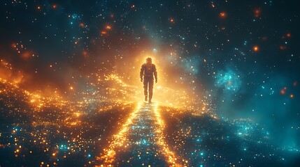 Wall Mural - an astronaut walking on a glowing bridge of stardust, radiant particles sparkling with vibrant hues 