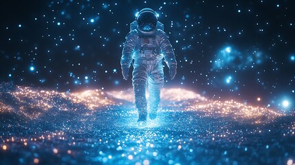 Wall Mural - an astronaut walking on a glowing bridge of stardust, radiant particles sparkling with vibrant hues 