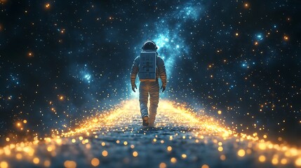 Wall Mural - an astronaut walking on a glowing bridge of stardust, radiant particles sparkling with vibrant hues 