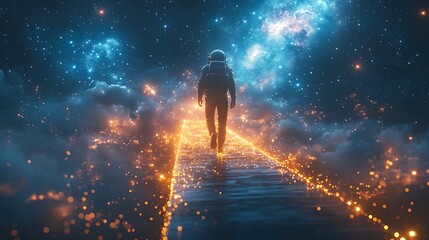 Wall Mural - an astronaut walking on a glowing bridge of stardust, radiant particles sparkling with vibrant hues 