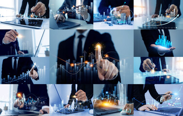 Leinwandbilder - Business investment and development collage banner.Data analysis of financial economy business.Investment analysis and planning strategy.Data analytic and business marketing.