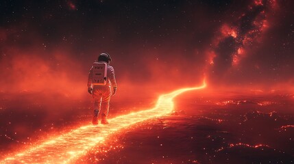 Wall Mural - an astronaut walking on a stardust bridge, its glowing edges blending seamlessly with the vast void 